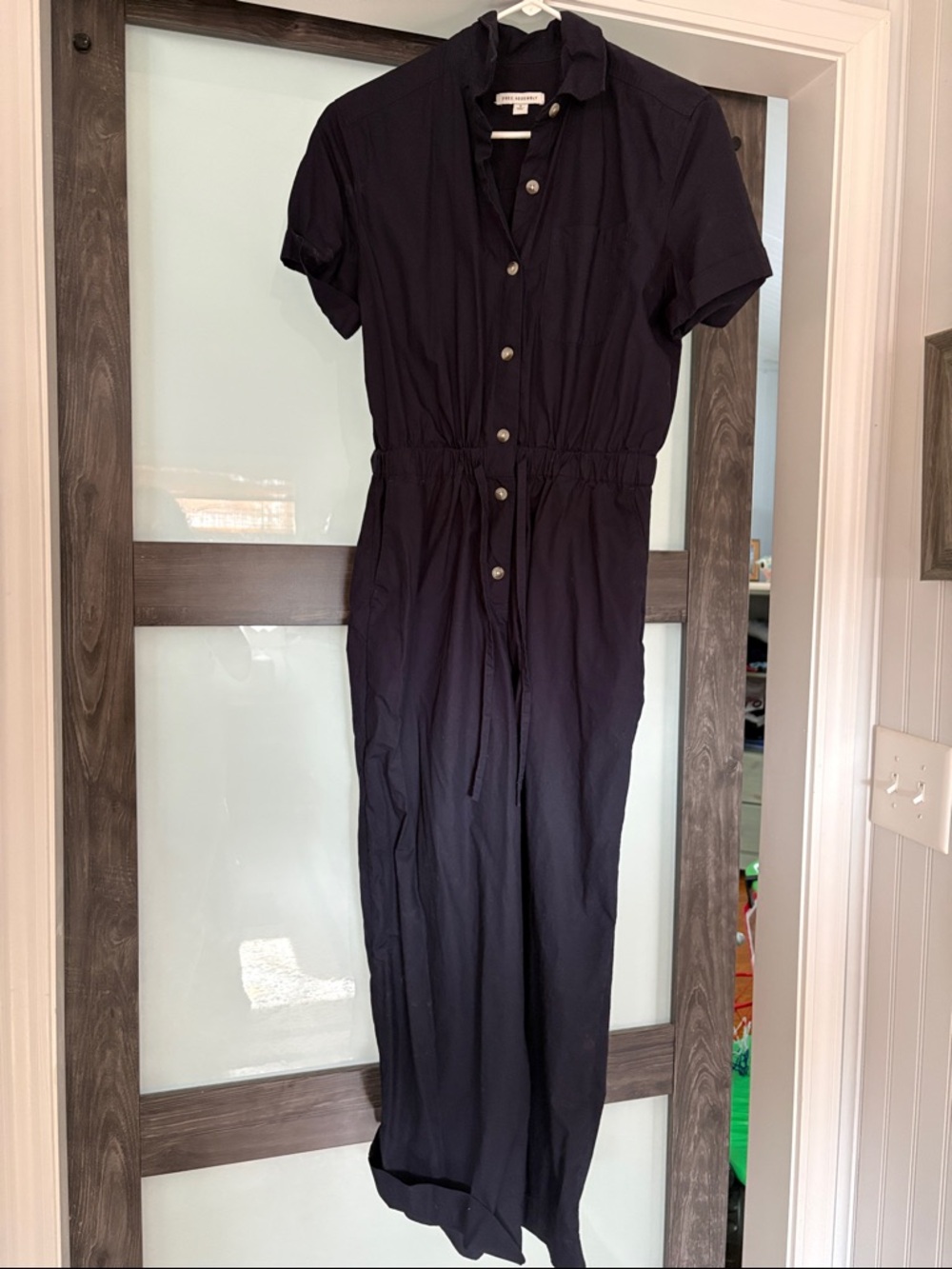 Cropped, Wide Leg Button-Front Navy Jumpsuit with Drawstring Waist